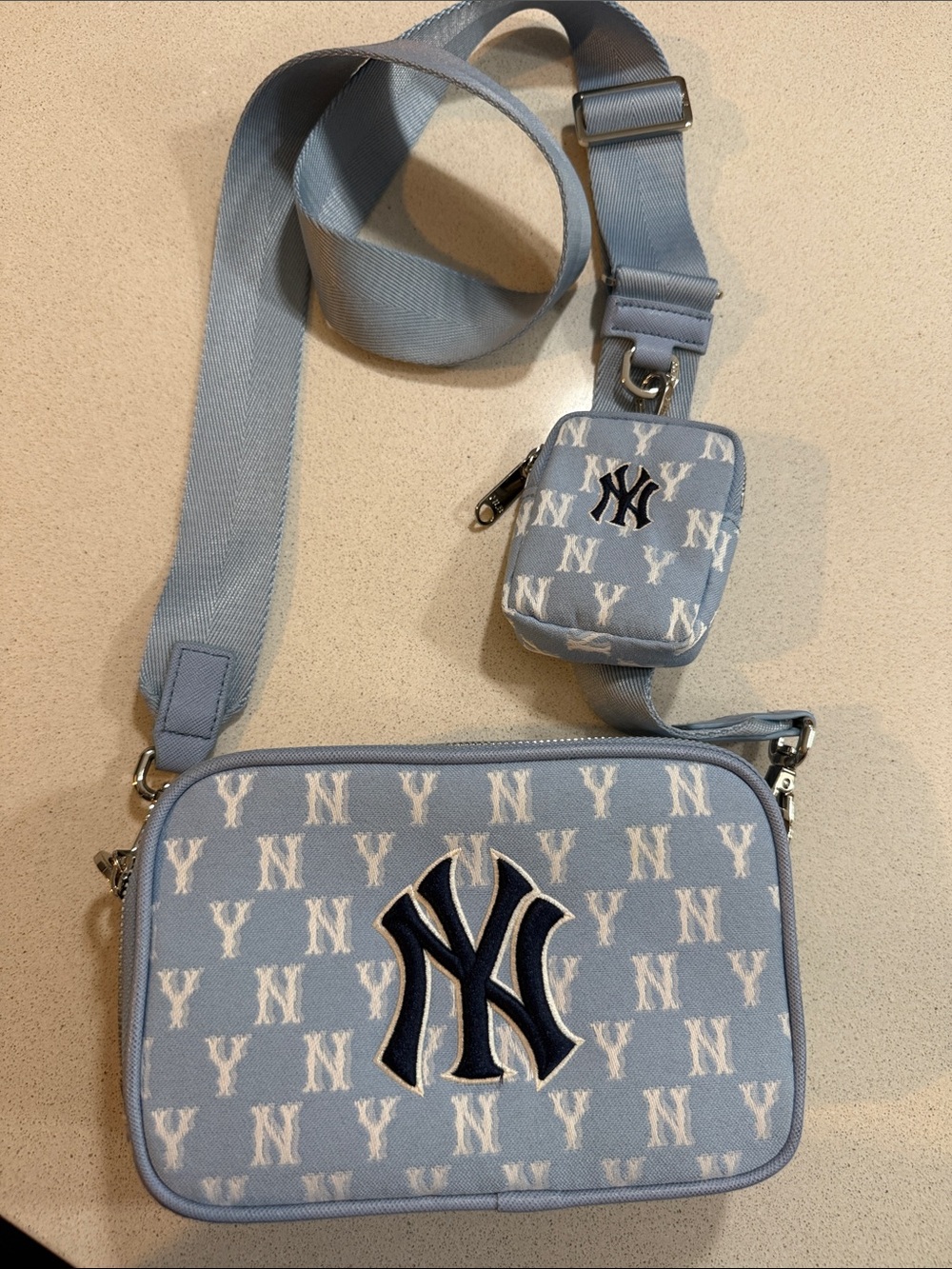MLB Light Blue NY Logo Crossbody Bag with Removable Mini Pouch